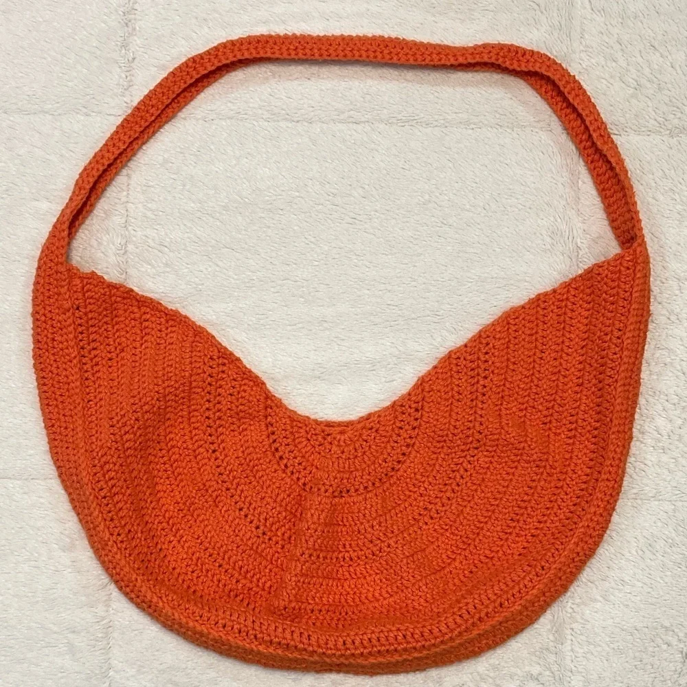 Hand Crafted, Crocheted Orange‎ Half Moon Bag EUC